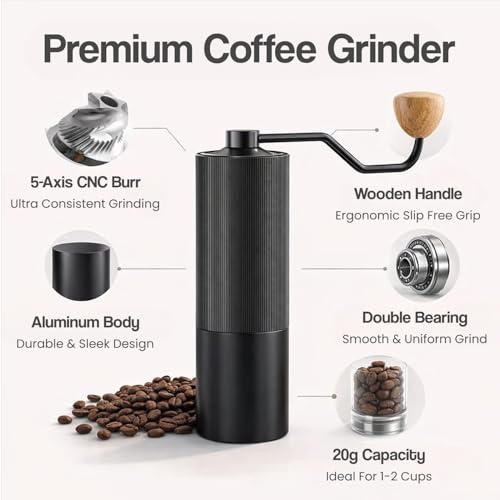 AAshonee® Premium Manual Coffee Grinder with 5-Axis CNC Stainless Steel Burr, Aluminum Body & Wooden Handle (1 Year Warranty) - Image 4