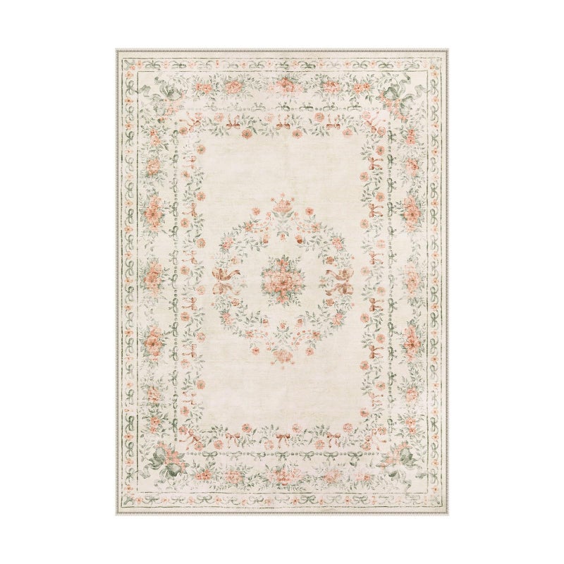 Wonnitar Floral Bow Washable Area Rug 5x7, Ultra-Thin Beige Rugs for Bedroom, Boho Non Shedding Neutral Soft Carpet for Nursey Kids Room Dorm Living Room, Beige - Image 2