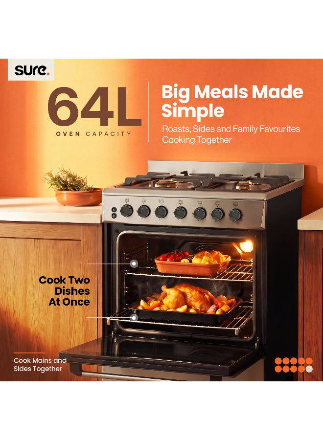 SURE 60x55cm 4 Burner Freestanding Gas Cooker with 64L Gas Oven, Cast Iron Pan Supports, Thermostat Control, Double Glazed Oven Door, Full Safety Features, Inox Finish - GCF-60 4 GCF-60 Inox Finish - Image 3