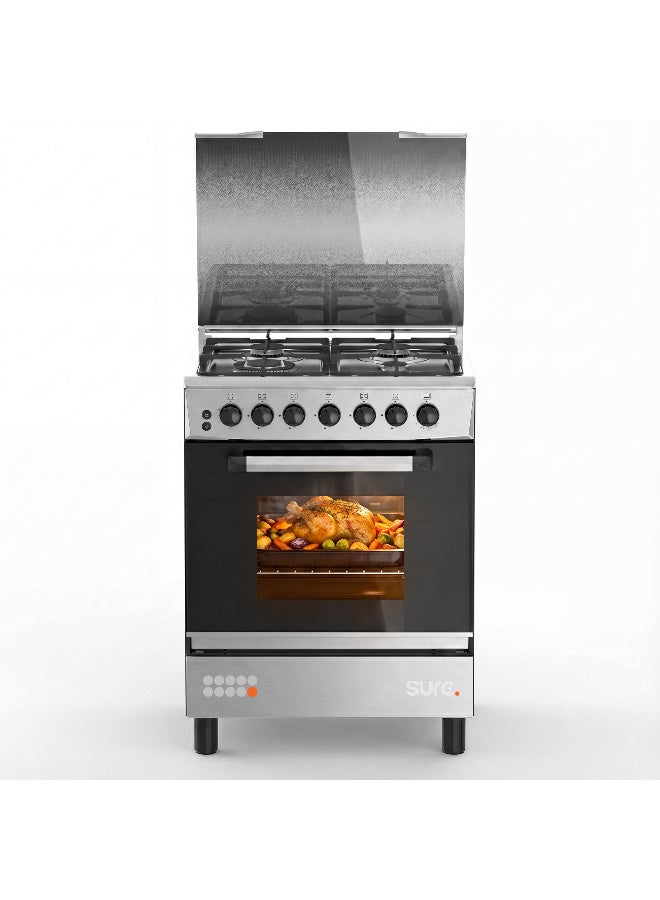 SURE 60x55cm 4 Burner Freestanding Gas Cooker with 64L Gas Oven, Cast Iron Pan Supports, Thermostat Control, Double Glazed Oven Door, Full Safety Features, Inox Finish - GCF-60 4 GCF-60 Inox Finish - Image 1