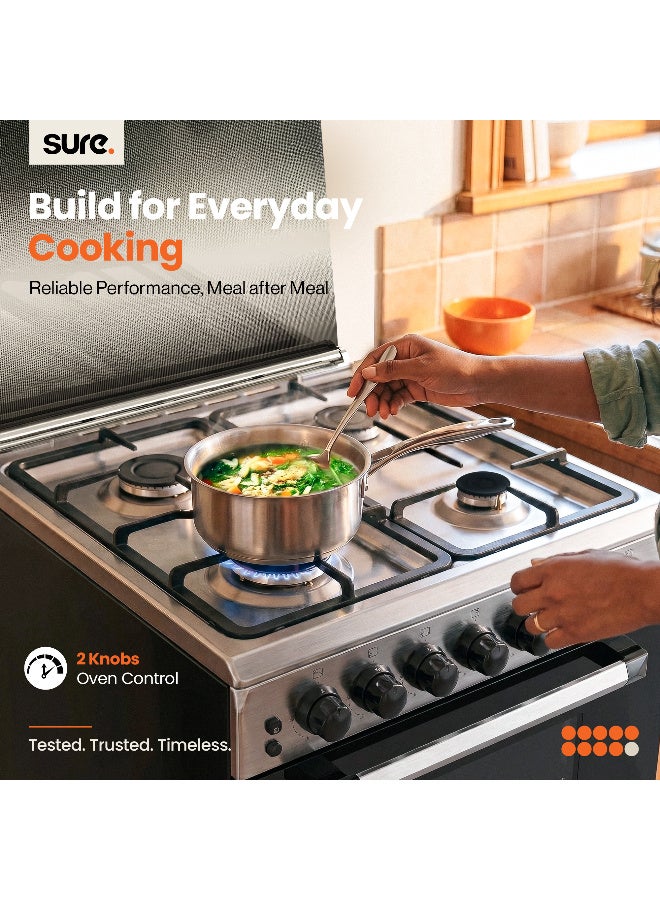 SURE 60x55cm 4 Burner Freestanding Gas Cooker with 64L Gas Oven, Cast Iron Pan Supports, Thermostat Control, Double Glazed Oven Door, Full Safety Features, Inox Finish - GCF-60 4 GCF-60 Inox Finish - Image 2