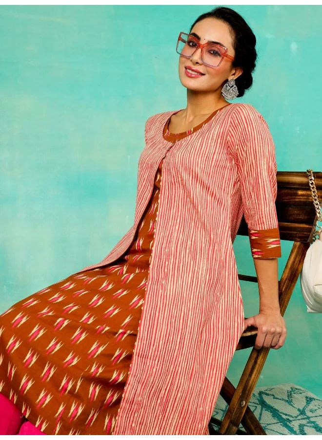 AKS Brown Stripe Printed Straight Kurta With Jacket