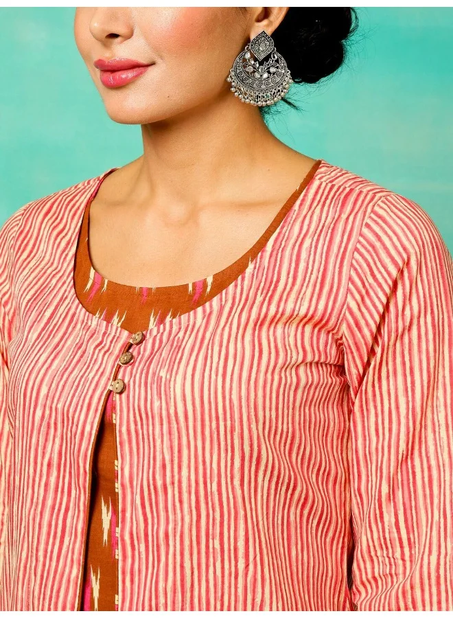 AKS Brown Stripe Printed Straight Kurta With Jacket