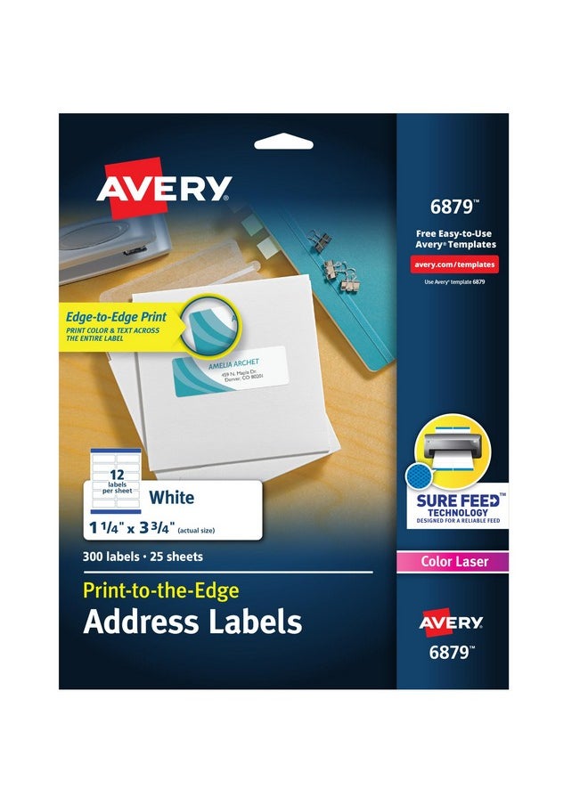 افيري ملصقات عناوين قابلة للطباعة من Avery Print-to-The-Edge مع Sure Feed، مقاس 1.25 بوصة × 3.75 بوصة، باللون الأبيض، 300 ملصق بريد فارغ (06879)  - Image 1