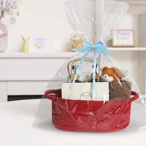 MEGASKET Red Woven Basket, 13" x 9" x 5" Baskets for Gifts Empty, Cute Cotton Rope Cat Dog Toy Bin Box, Small Woven Bin for Organizing, Red Room Decor, Nursery Cloth Diaper Storage Organizer - Image 3