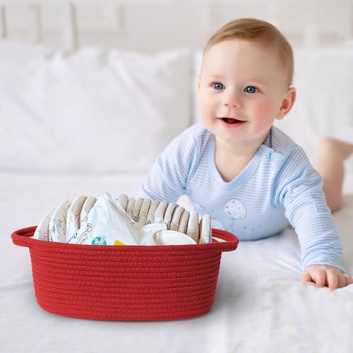MEGASKET Red Woven Basket, 13" x 9" x 5" Baskets for Gifts Empty, Cute Cotton Rope Cat Dog Toy Bin Box, Small Woven Bin for Organizing, Red Room Decor, Nursery Cloth Diaper Storage Organizer - Image 4