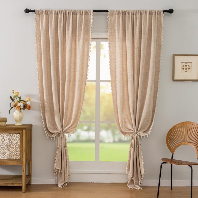 F-CHU Boho Beige Curtains 84 Inches Long Bohemia Linen Curtains for Bedroom Living Room, Super Soft Light Filtering Country Rustic Semi Sheer Farmhouse Curtain Rod Pocket 2 Panels Set 52x84 - Image 5
