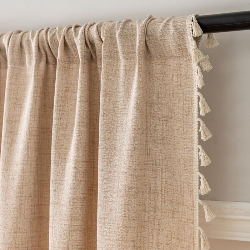 F-CHU Boho Beige Curtains 84 Inches Long Bohemia Linen Curtains for Bedroom Living Room, Super Soft Light Filtering Country Rustic Semi Sheer Farmhouse Curtain Rod Pocket 2 Panels Set 52x84 - Image 4