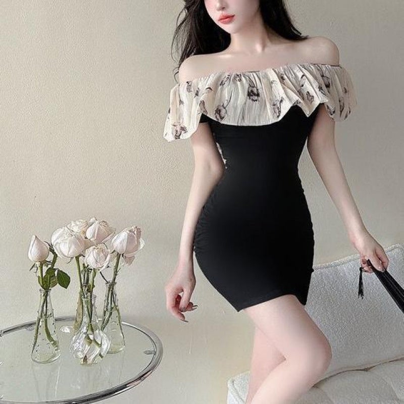 2024 Summer New French Style Pure Desire Spice Girl Ruffled off-shoulder dress Womens Slim-fit Pleated Bag Hip Skirt Black ADW1098