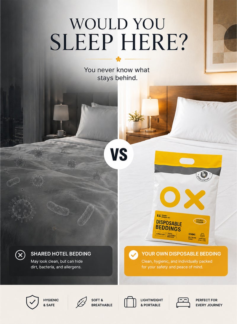 4 Pack Disposable Bed Sheets for Travel, Portable Disposable Bedding Set with Bed Sheet*1/Quilt Cover*1/Pillowcases*2 Disposable Bed Sheets King Size for Travel Business Trip Camping Hotel.