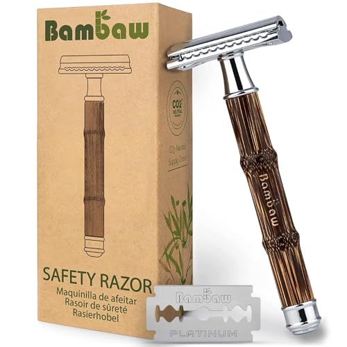 Bambaw Double Edge Safety Razor for Women Men Double Edge Razors with 5 Blades Reusable Single Blade Razor EcoFriendly Plastic Free Slim Bamboo Silver