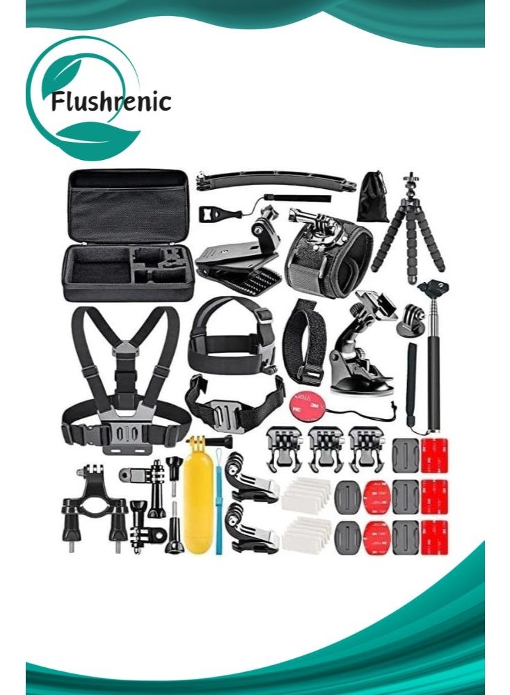 Flushrenic 50-in-1 action camera accessory kit compatible with GoPro Hero 12 11 10 9 DJI OSMO 4 3 2 Insta360 X3 X2 GO 3 SJCAM DBPOWER AKASO VicTsing APEMAN WiMiUS QUMOX Lightdow Campark Sony Sports DV - Image 1