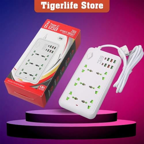 BOVTY Extension Board with 20W Fast PD Type C 2500W 10A Extension Cord 4 Universal Socket 38W USB Fast Charging Ports Multi Port Extension for Home,Office,Computer,Mobile 2M Power Cord. (Z69-White) - Image 4