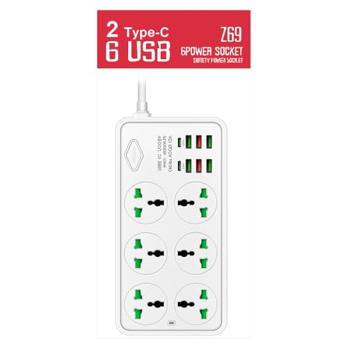 BOVTY Extension Board with 20W Fast PD Type C 2500W 10A Extension Cord 4 Universal Socket 38W USB Fast Charging Ports Multi Port Extension for Home,Office,Computer,Mobile 2M Power Cord. (Z69-White) - Image 2