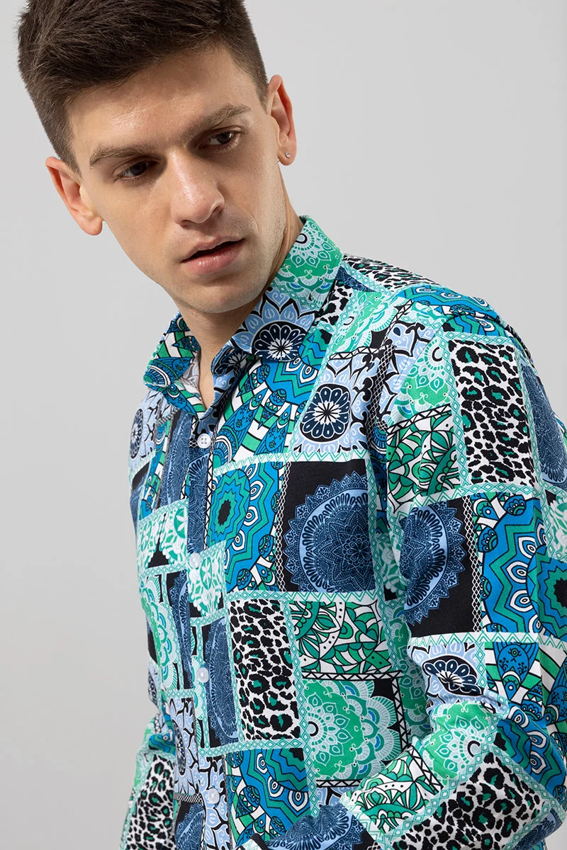 سنيتش Turquoise Geometric Long Sleeve Slim Fit Casual Shirt