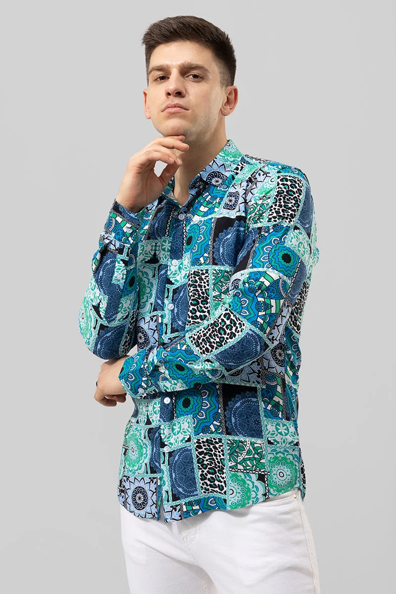 سنيتش Turquoise Geometric Long Sleeve Slim Fit Casual Shirt