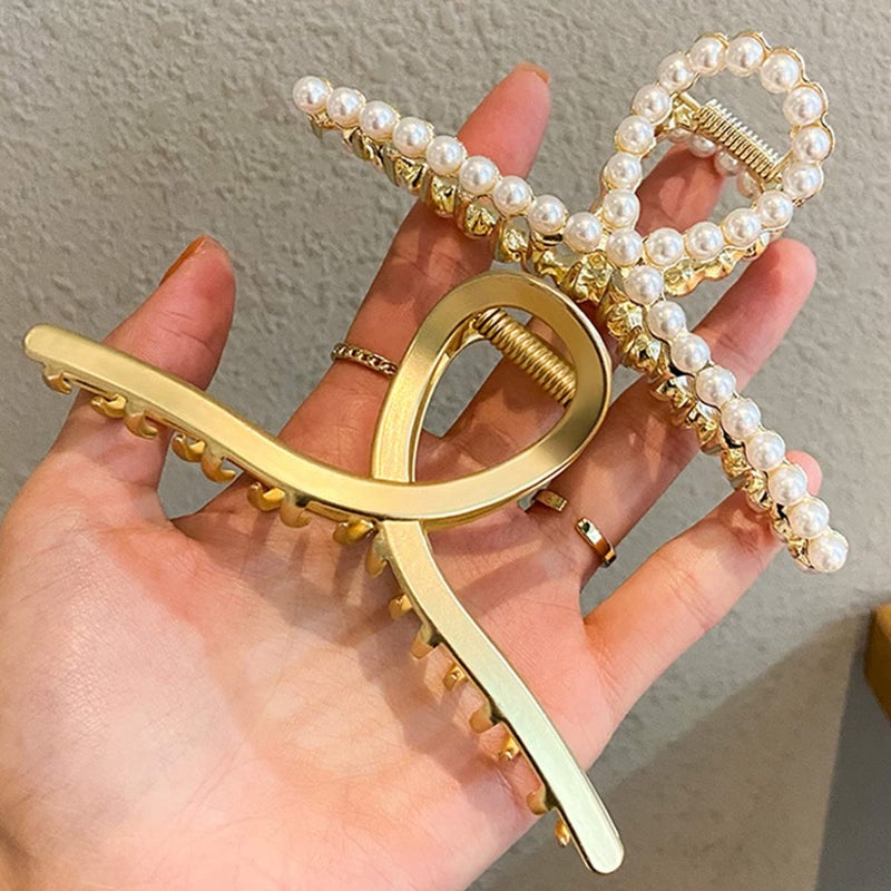 DIUEWOW Large Metal Hair Claw for Women with Pearls 4.3 Inch Non-Slip Hair Clips Thick Hair Threaded Gold Claw Clips Shining Strong Crab Claws Cross Hair Barrettes 2 Pack (Matte Gold+Pearl Gold) - Image 1