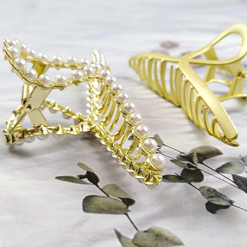 DIUEWOW Large Metal Hair Claw for Women with Pearls 4.3 Inch Non-Slip Hair Clips Thick Hair Threaded Gold Claw Clips Shining Strong Crab Claws Cross Hair Barrettes 2 Pack (Matte Gold+Pearl Gold) - Image 4