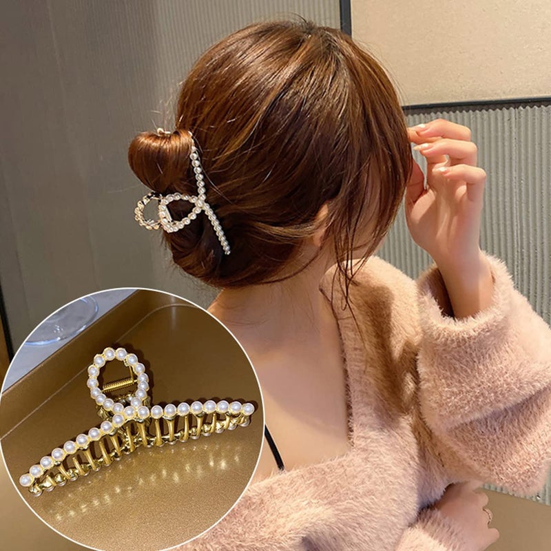 DIUEWOW Large Metal Hair Claw for Women with Pearls 4.3 Inch Non-Slip Hair Clips Thick Hair Threaded Gold Claw Clips Shining Strong Crab Claws Cross Hair Barrettes 2 Pack (Matte Gold+Pearl Gold) - Image 2