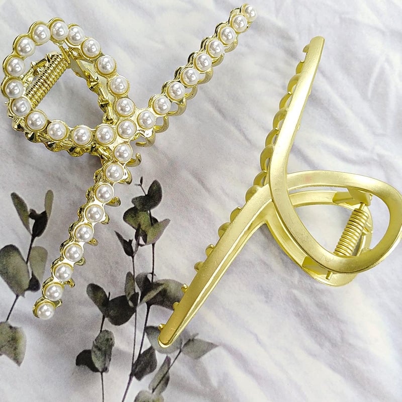 DIUEWOW Large Metal Hair Claw for Women with Pearls 4.3 Inch Non-Slip Hair Clips Thick Hair Threaded Gold Claw Clips Shining Strong Crab Claws Cross Hair Barrettes 2 Pack (Matte Gold+Pearl Gold) - Image 5
