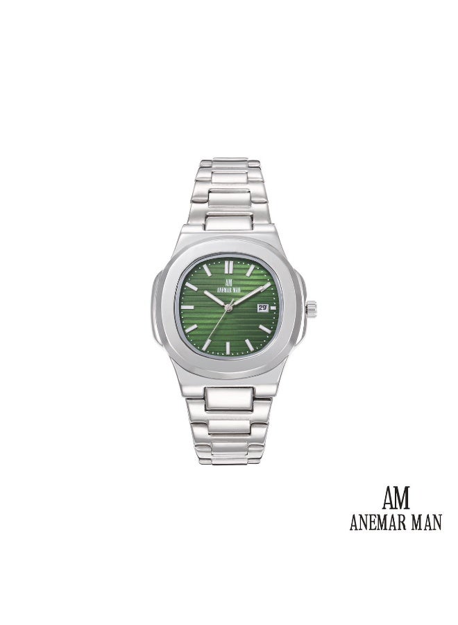 ANEMAR MAN High-quality, water-resistant men's stainless steel wristwatch with a silver strap and green dial.