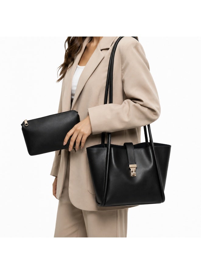 Women’s Shoulder Tote Bag Set with Matching Zipper Pouch, Long Handles and Front Metal Lock for Work and Everyday Use - Image 1