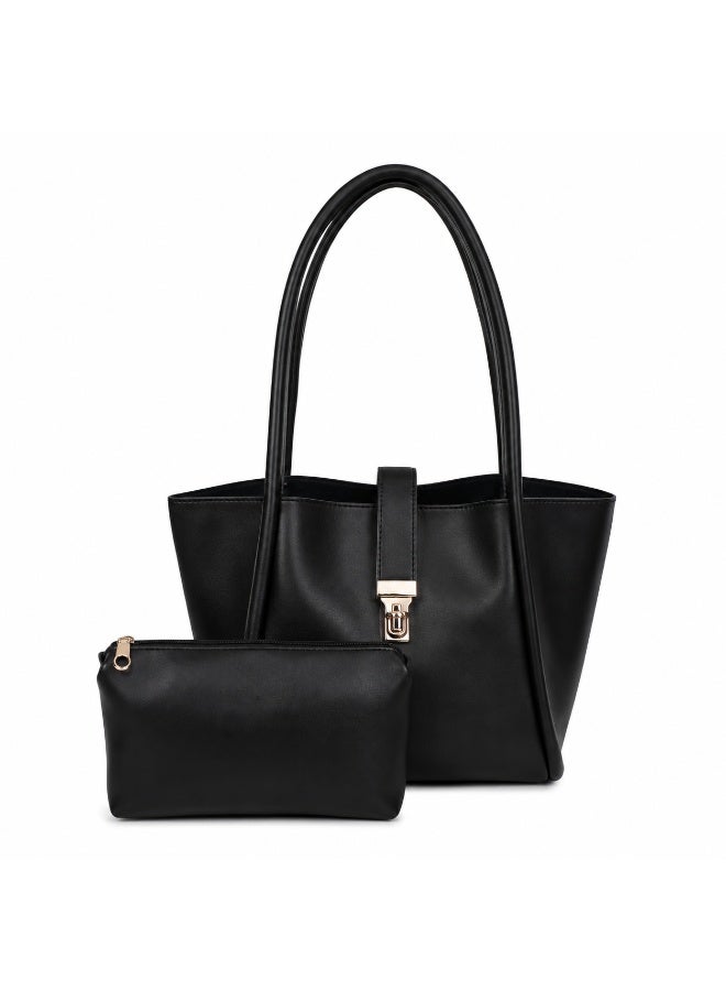 Women’s Shoulder Tote Bag Set with Matching Zipper Pouch, Long Handles and Front Metal Lock for Work and Everyday Use - Image 2