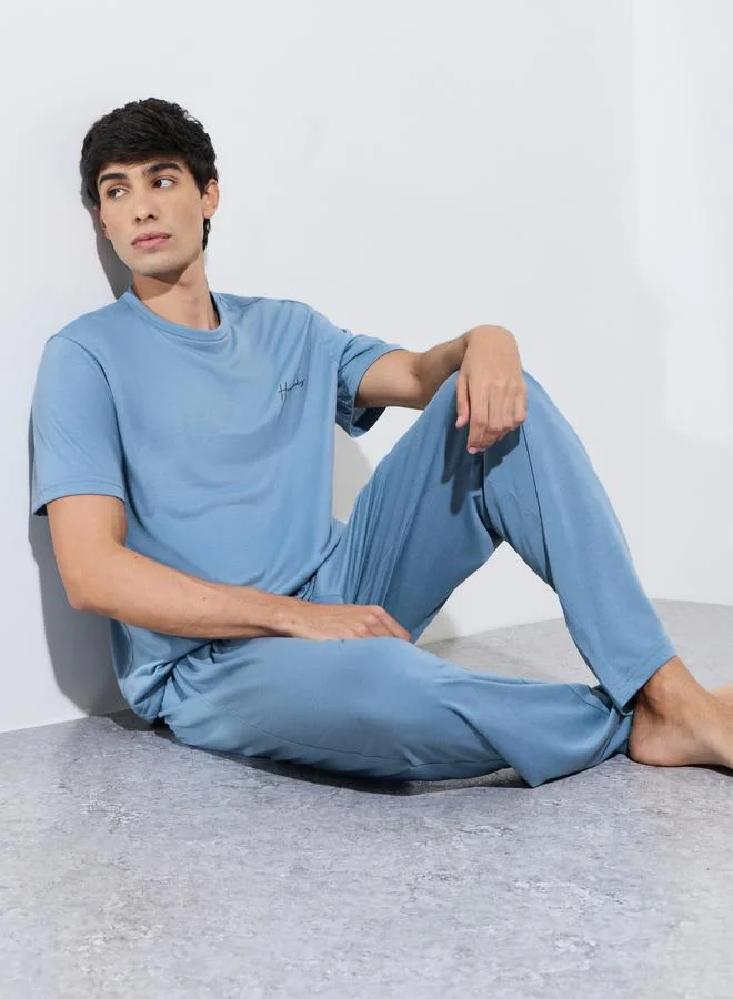 Blue Slogan Print T-Shirt and Straight Leg Pants Pyjama Set