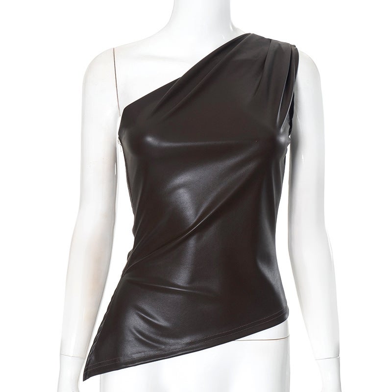 Y24TP426 European and American Womens Autumn Amazon New Solid Color Sleeveless Shoulder Oblique Collar Zipper T-shirt Top for Women Brown