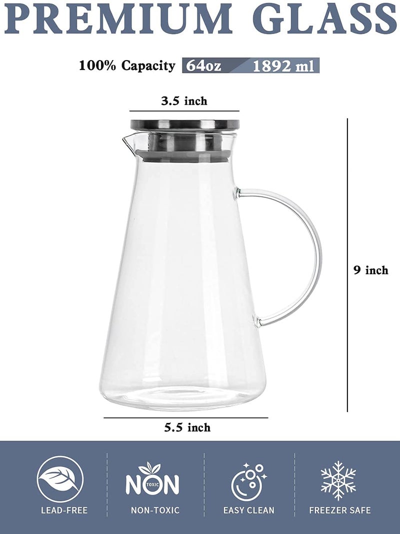 ZEYFLEEB Water Juice Jug Pot with Cleaning Brush Borosilicate Glass Stainless Steel Air Tight Cap Transparent Set of 1 Pcs 1800 ML - Image 4