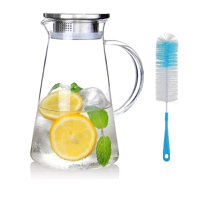 ZEYFLEEB Water Juice Jug Pot with Cleaning Brush Borosilicate Glass Stainless Steel Air Tight Cap Transparent Set of 1 Pcs 1800 ML - Image 1