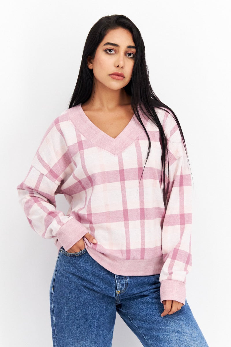 Felina Women V-Neck Checkered Sweatshirt, Purple - Image 1
