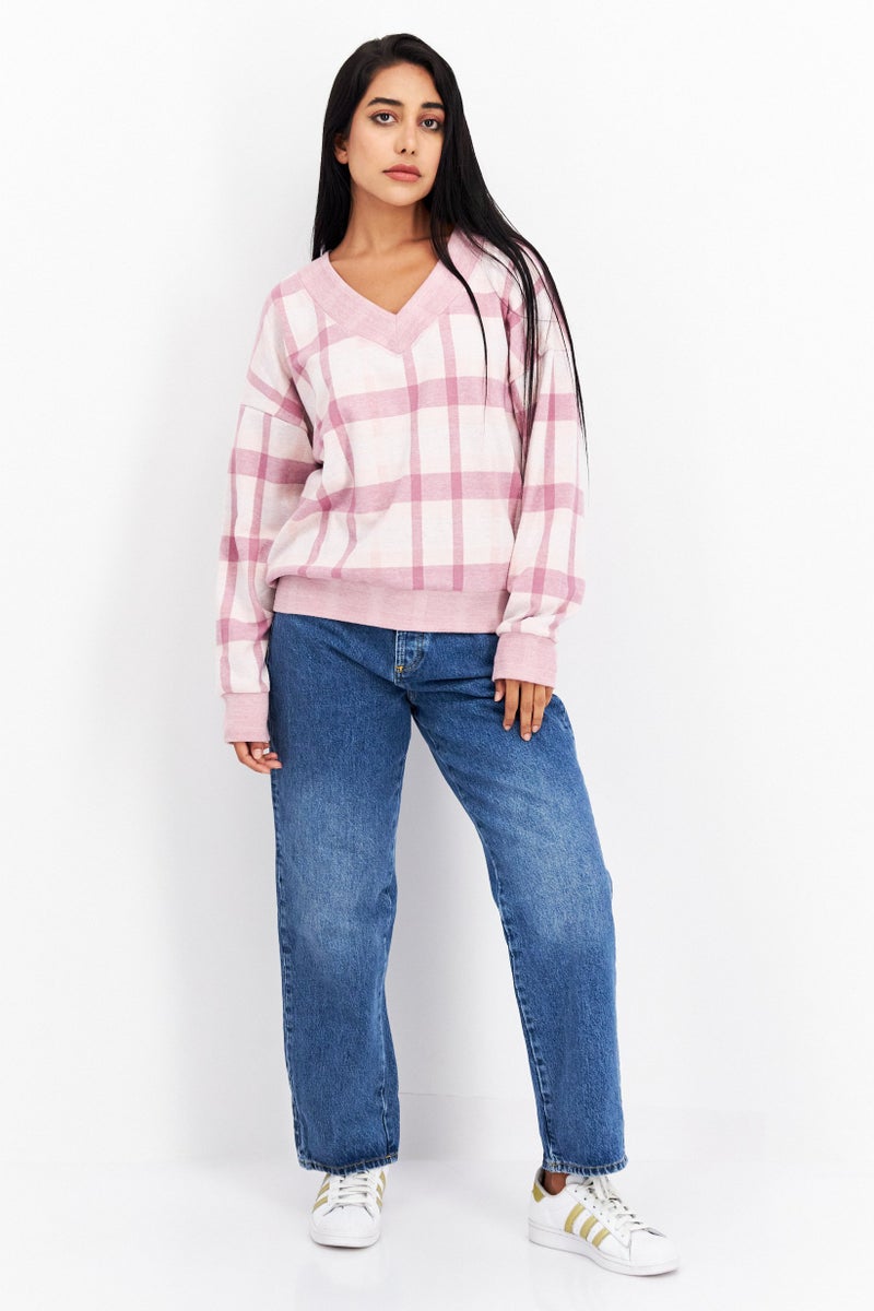 Felina Women V-Neck Checkered Sweatshirt, Purple - Image 3