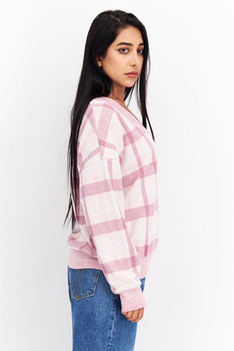 Felina Women V-Neck Checkered Sweatshirt, Purple - Image 4