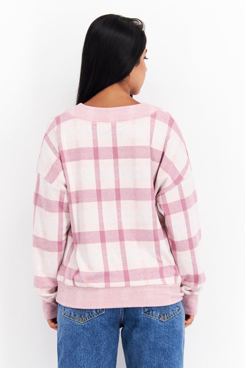 Felina Women V-Neck Checkered Sweatshirt, Purple - Image 2