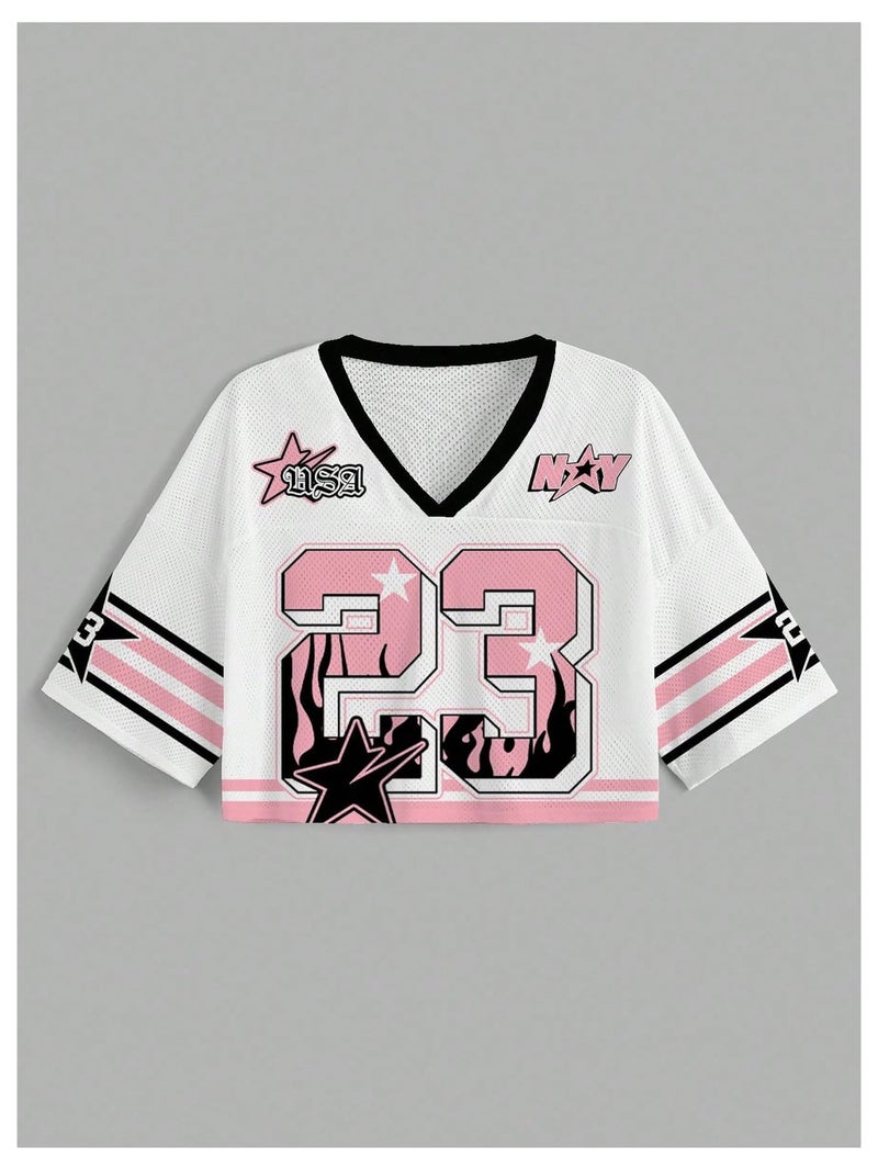 MakeMeChic Women's Football Jersey Shirts Y2K Number Crop Tops Soccer Jersey Tee Streetwear Crop Pink White Large - Image 4
