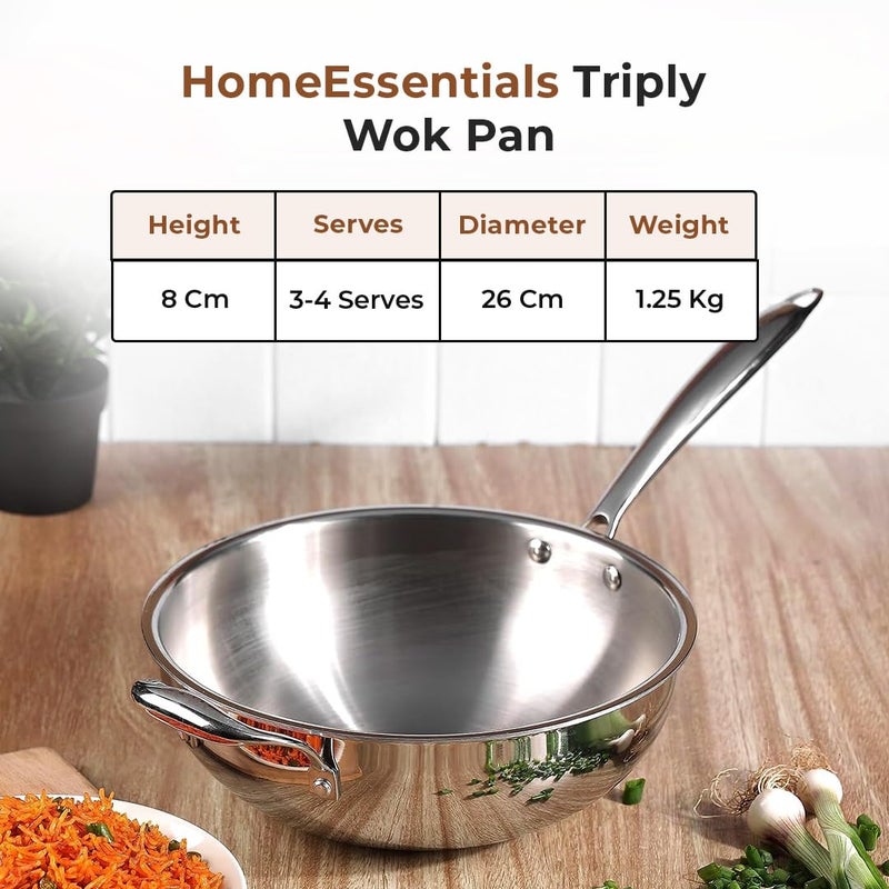 Home Essentials 26cm Tri-Ply Stainless Steel Wok Pan – Induction & Gas Friendly, Naturally Non-Stick | Ideal for Deep Frying, Stir Fry, Sautéing, Dry Veg & Chinese Noodles Cooking - Image 2