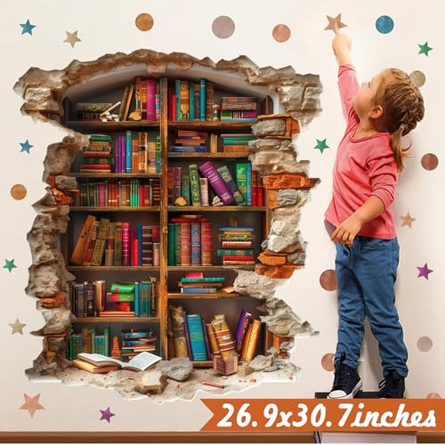 kokolap Large Vintage Book Wall Stickers 3D Broken Wall Decals Peel and Stick Reading Room Art Murals Read Signs Vinyl Decal Bookshelf Art Decorations DIY Walls Sticker for School Library Classroom Home Decor - Image 5