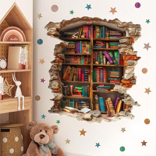 kokolap Large Vintage Book Wall Stickers 3D Broken Wall Decals Peel and Stick Reading Room Art Murals Read Signs Vinyl Decal Bookshelf Art Decorations DIY Walls Sticker for School Library Classroom Home Decor - Image 3