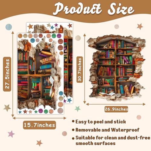 kokolap Large Vintage Book Wall Stickers 3D Broken Wall Decals Peel and Stick Reading Room Art Murals Read Signs Vinyl Decal Bookshelf Art Decorations DIY Walls Sticker for School Library Classroom Home Decor - Image 2