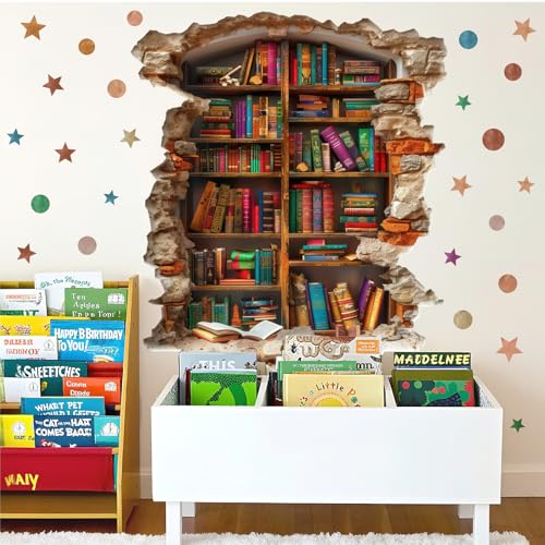 kokolap Large Vintage Book Wall Stickers 3D Broken Wall Decals Peel and Stick Reading Room Art Murals Read Signs Vinyl Decal Bookshelf Art Decorations DIY Walls Sticker for School Library Classroom Home Decor - Image 4