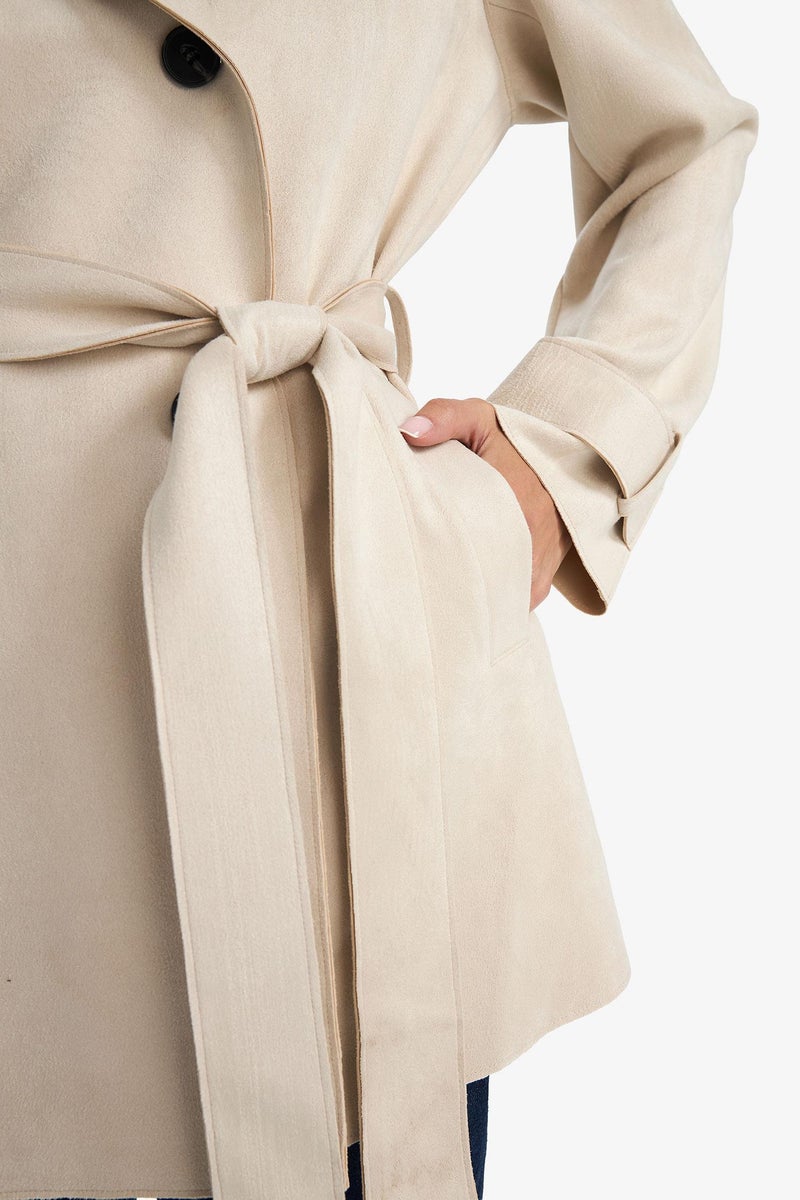 DeFacto Beige Woman Regular Fit Tuxedo Collar Suede Trench Coat Casual - Image 5