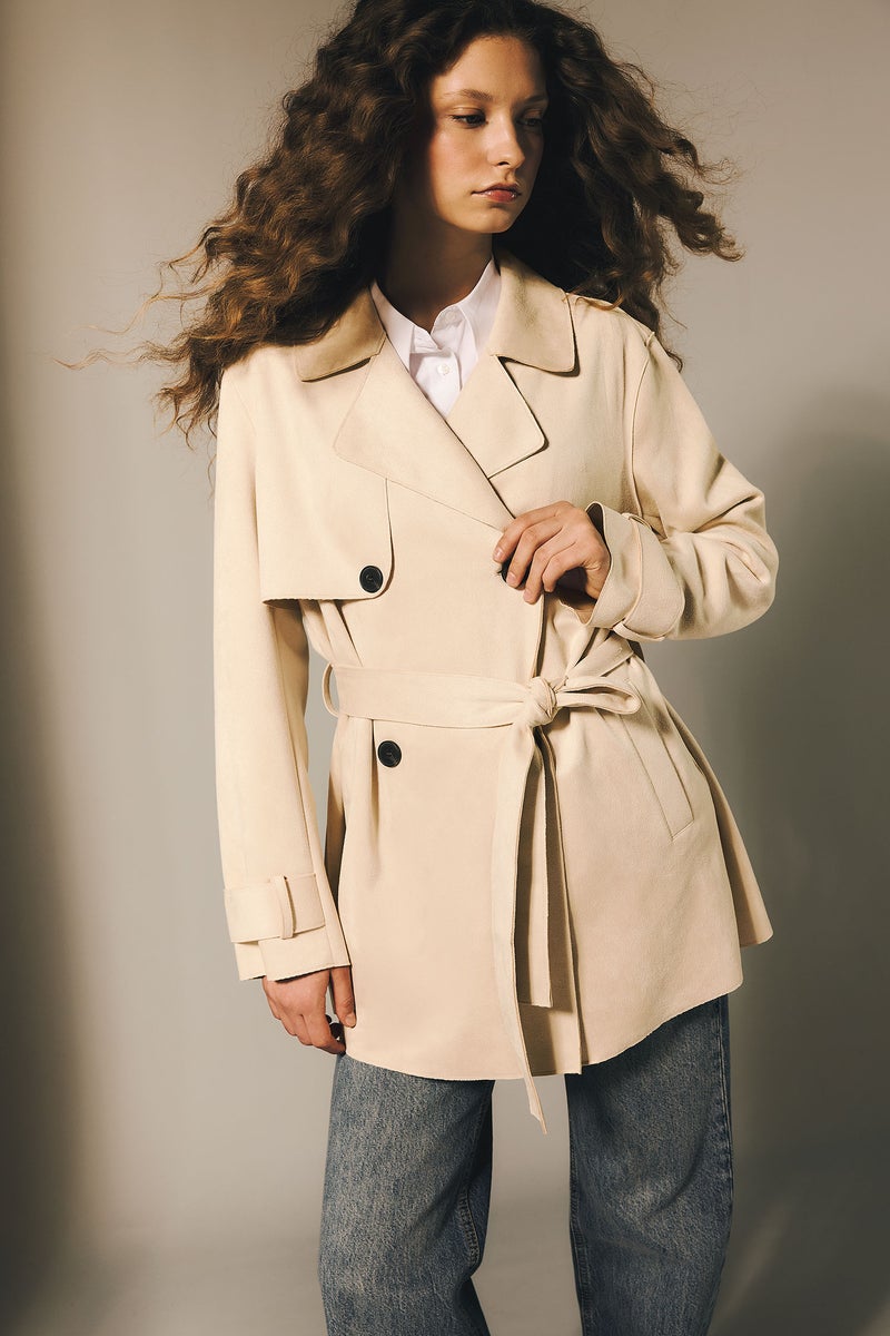 DeFacto Beige Woman Regular Fit Tuxedo Collar Suede Trench Coat Casual - Image 1