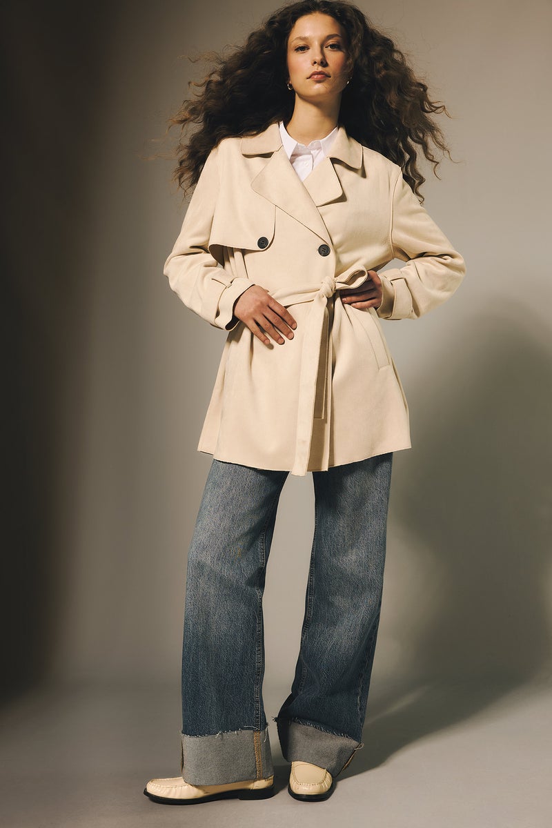 DeFacto Beige Woman Regular Fit Tuxedo Collar Suede Trench Coat Casual - Image 2