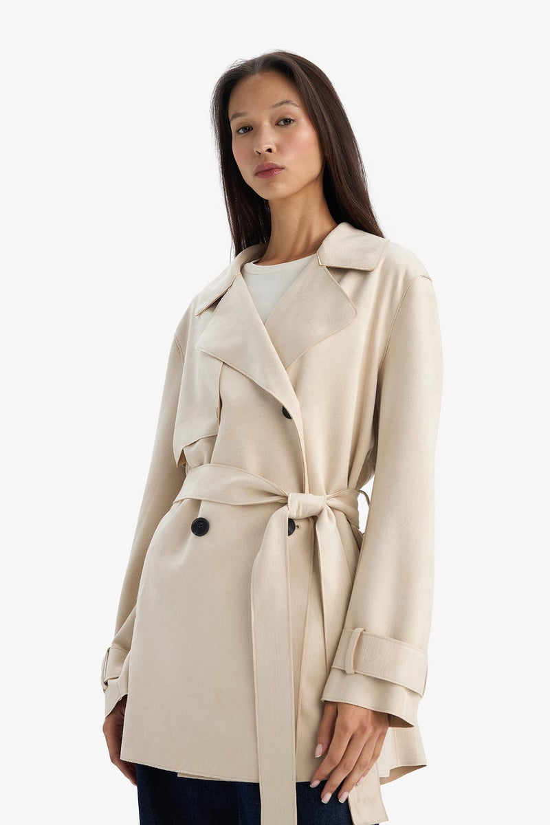 DeFacto Beige Woman Regular Fit Tuxedo Collar Suede Trench Coat Casual - Image 3
