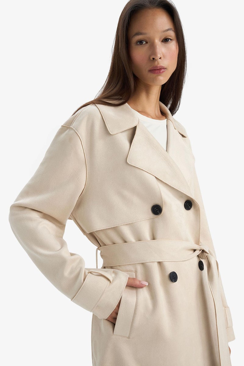 DeFacto Beige Woman Regular Fit Tuxedo Collar Suede Trench Coat Casual - Image 4
