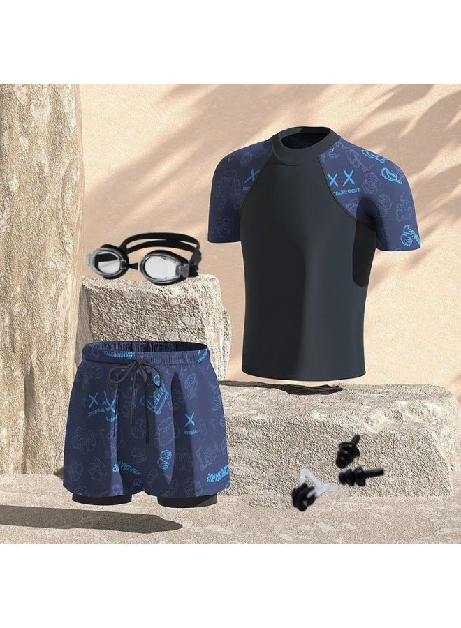 إسكدنيا طقم ملابس سباحة رجالية مقاس كبير بوكسر مزيف مكون من قطعتين مطبوع ومضاد للإحراج شورت سباحة ربيعي حار - اللون: بدلة دب زرقاء + نظارات سباحة + سدادات أذن بمشبك الأنف - - Image 1