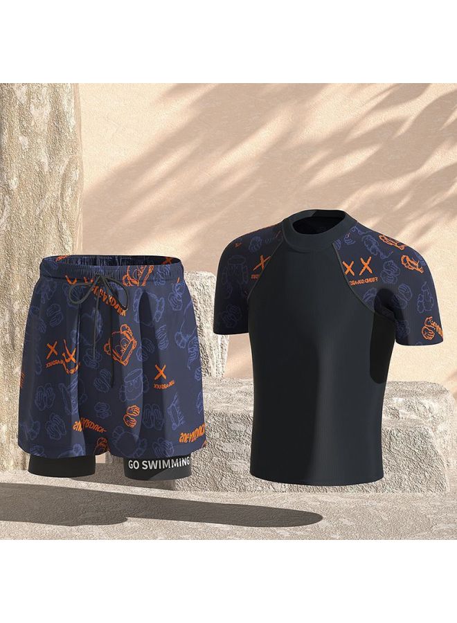 إسكدنيا طقم ملابس سباحة رجالية مقاس كبير بوكسر مزيف مكون من قطعتين مطبوع ومضاد للإحراج شورت سباحة ربيعي حار - اللون: بدلة دب زرقاء + نظارات سباحة + سدادات أذن بمشبك الأنف - - Image 5