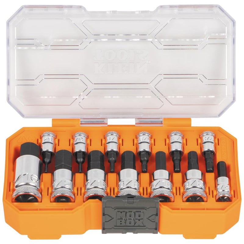 Klein Tools 65213HEX Knurled Hex Bit SAE Socket Set 14 38 and 12Inch Drives Premium CrV Steel SAE Sizes 564 to 916Inch MODbox Case 13Piece