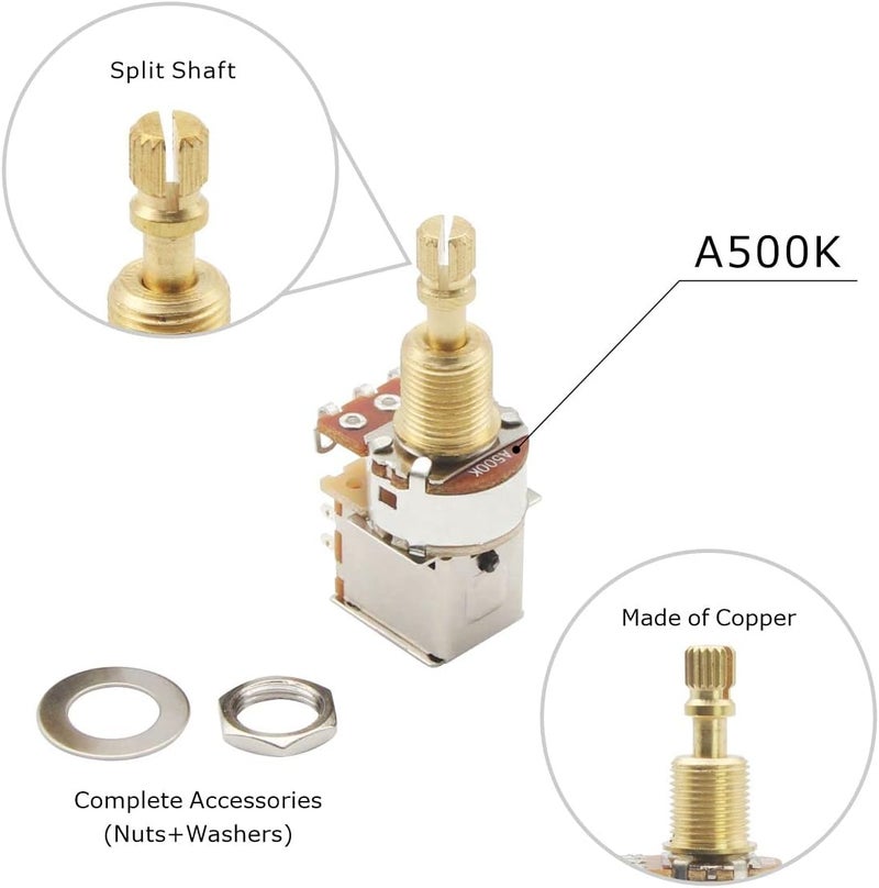FLEOR 2pcs A500K Push Push Guitar Pots Audio Taper Potentiometers Long Copper Split Shaft - Image 3
